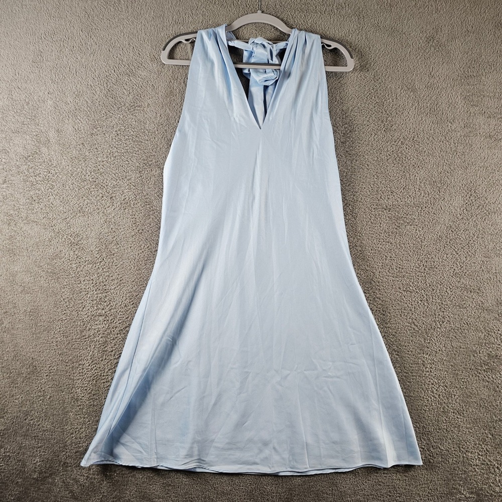 Wild Fable Light Blue Satin Halter V-Neck Tie Back Mini Dress Large Lined